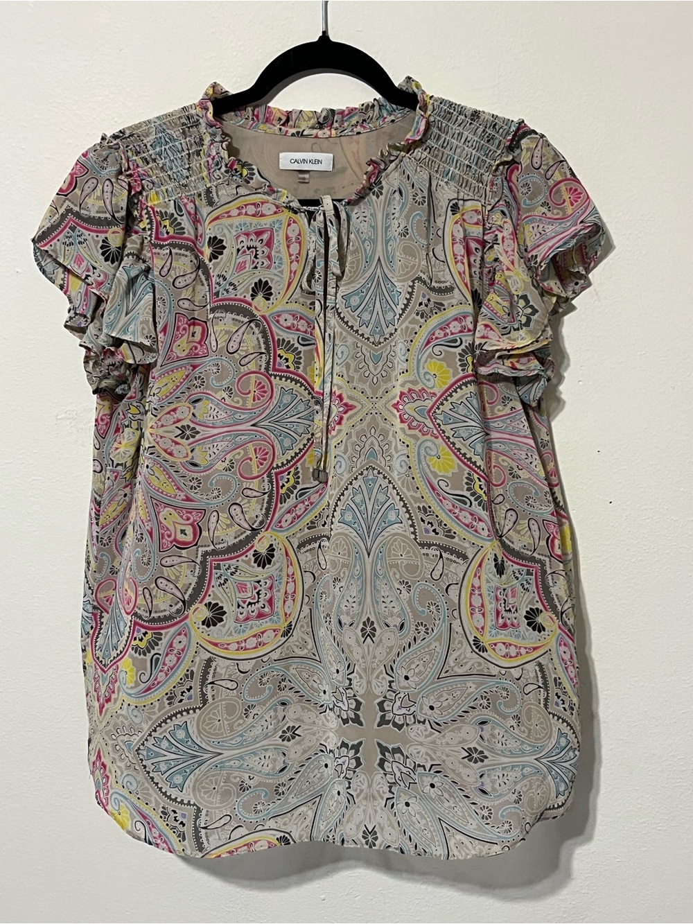Calvin Klein Paisley Smocked Ruffle Flutter Sleeve Blouse Large - Picture 2 of 13